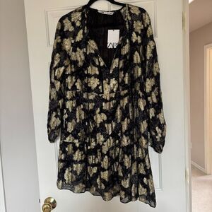 Zara ZW Collection Metallic Thread Floral Mini Dress Black Gold NWT M